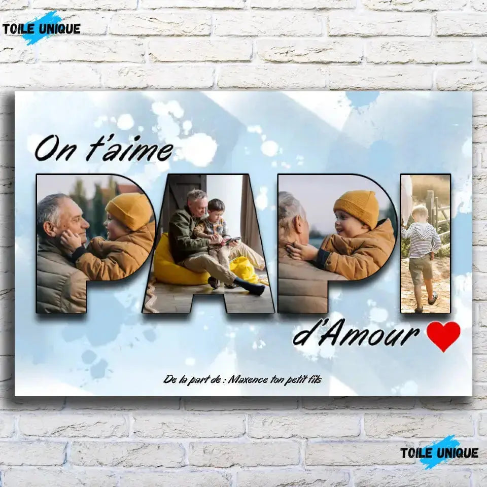Toile famille personnalisée lettres PAPI photo sur mur de briques, gros plan
