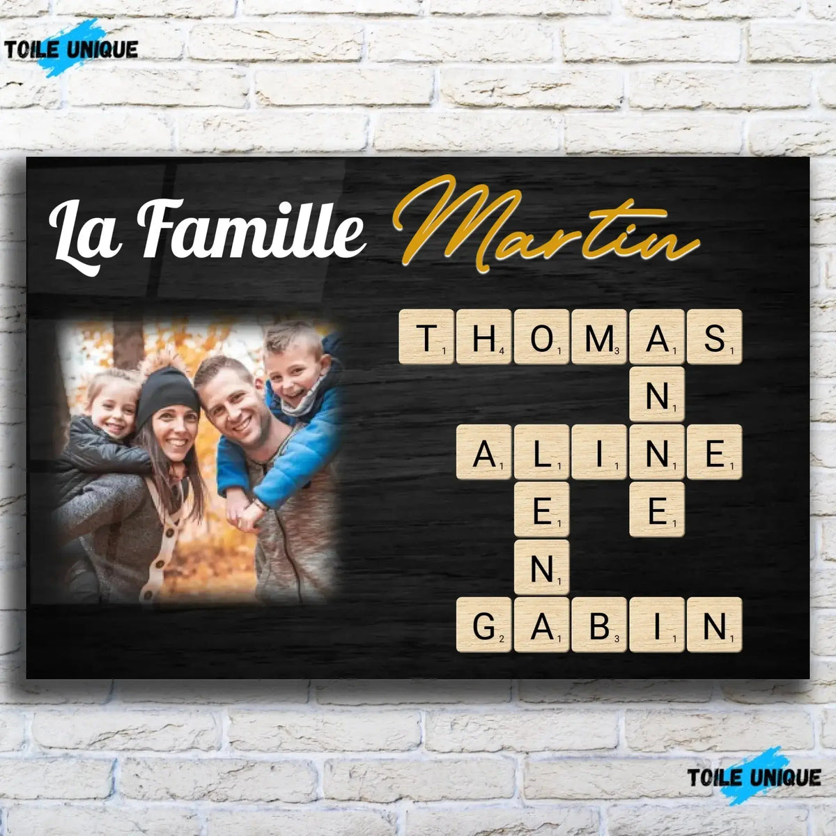 Toile famille personnalisée Scrabble sur mur de briques, décoration industrielle