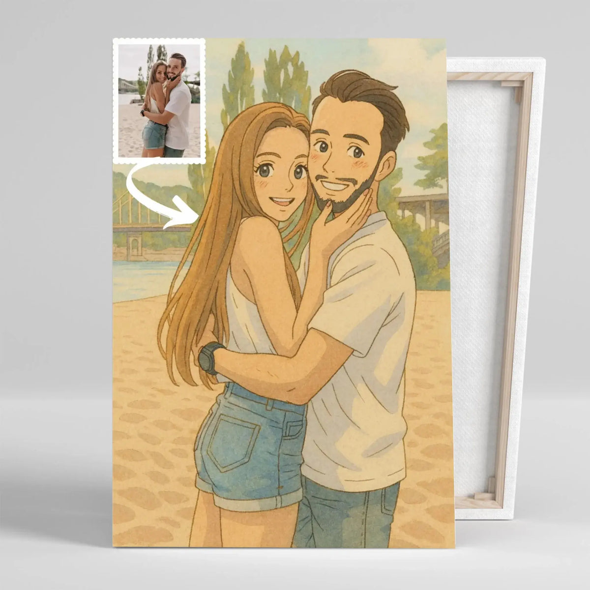 Toile sur châssis bois personnalisée style anime japonais Ghibli, portrait de couple, tranche visible