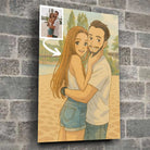 Toile style anime japonais Ghibli dans un loft, entourée de cadres en bois, portrait de couple