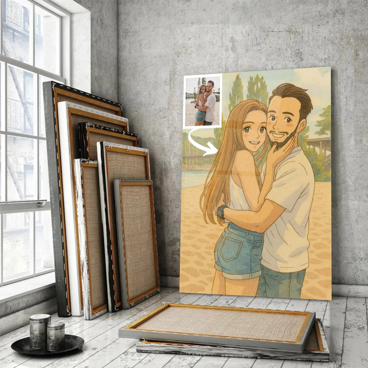 Toile style anime japonais Ghibli en gros plan près d'une fenêtre, cadres en bois empilés