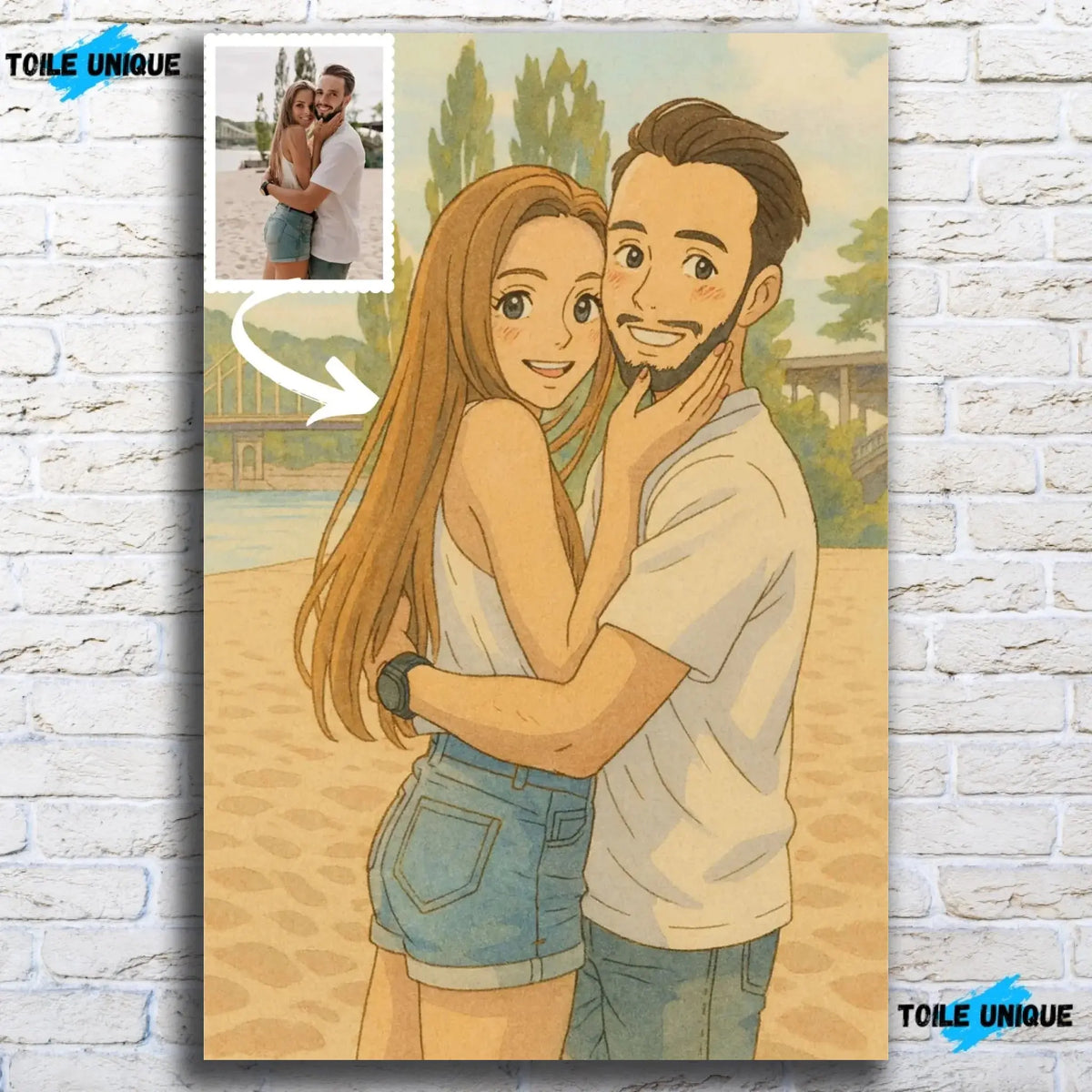 Toile personnalisée style anime japonais Ghibli sur mur de pierre grise, portrait de couple