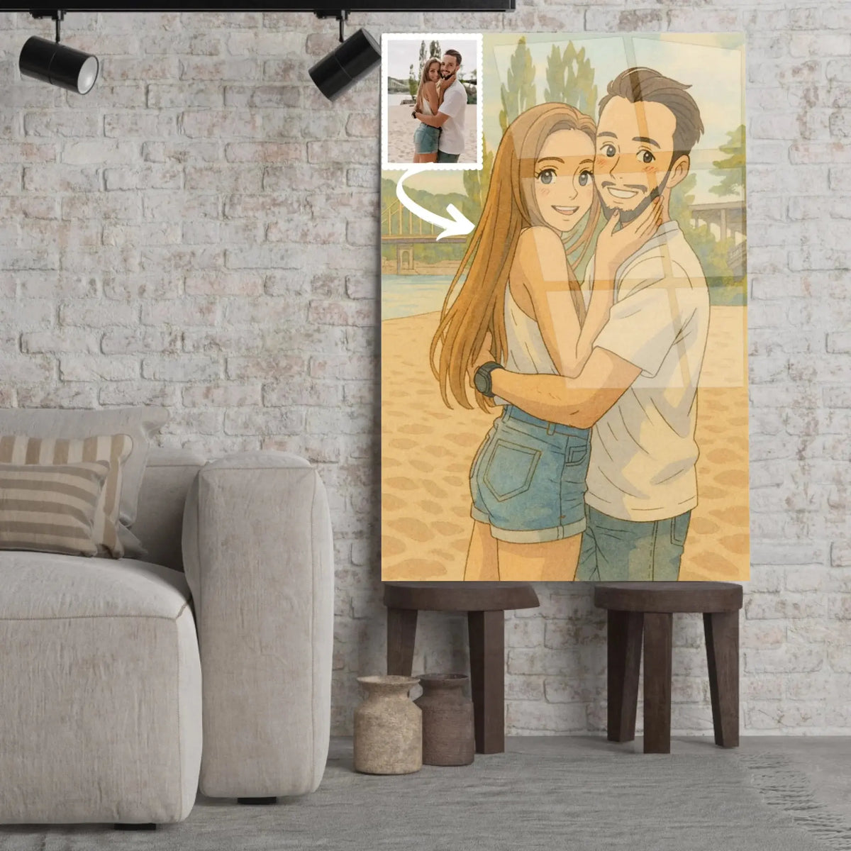 Toile personnalisée style anime japonais Ghibli posée sur un tabouret, salon lumineux, portrait de couple