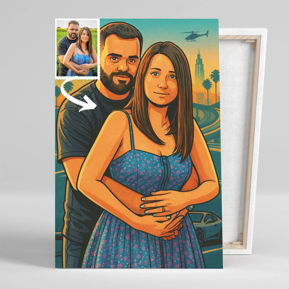 Toile sur châssis bois personnalisée effet cartoon type GTA, portrait de couple, tranche visible
