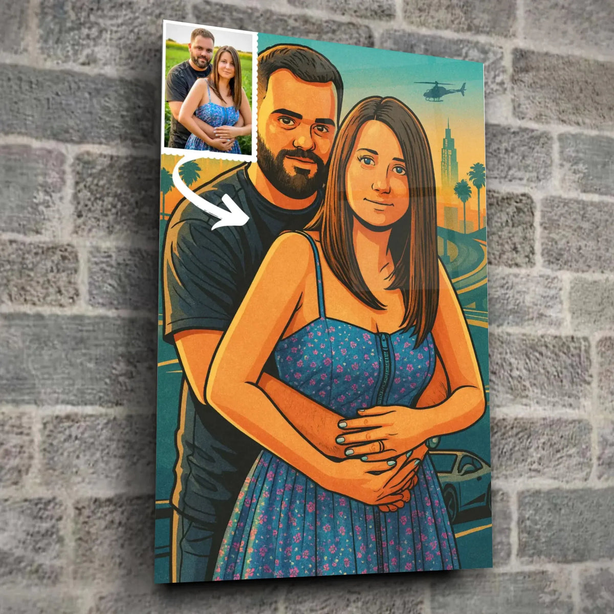 Toile effet cartoon type GTA dans un loft, entourée de cadres en bois, portrait de couple