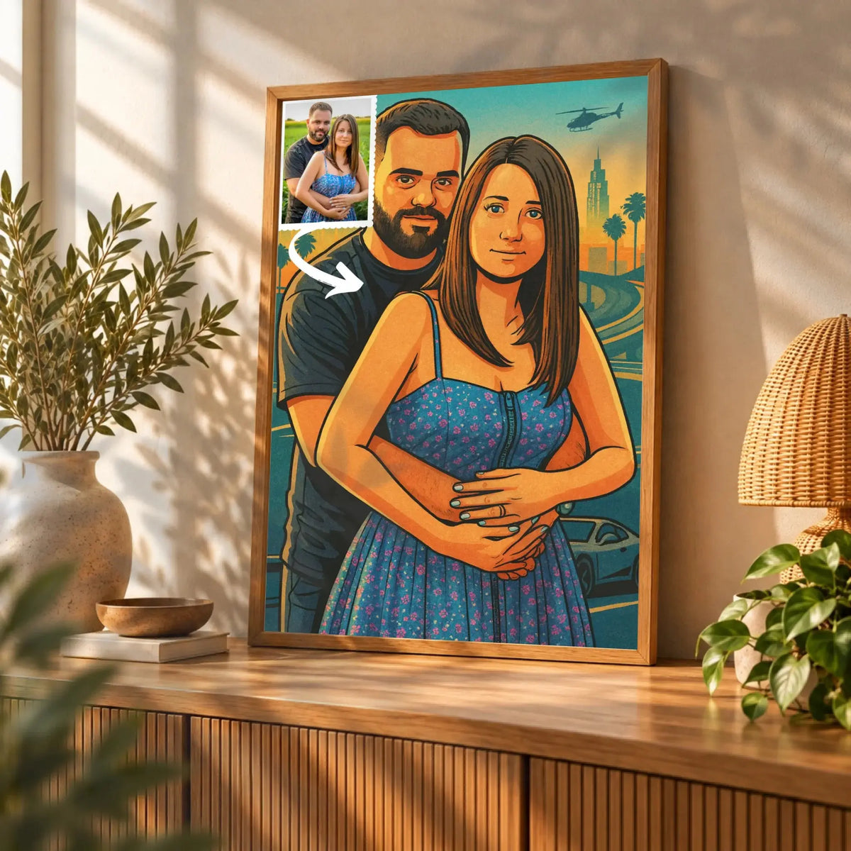 Toile personnalisée effet cartoon type GTA posée sur un meuble bas, décoration salon