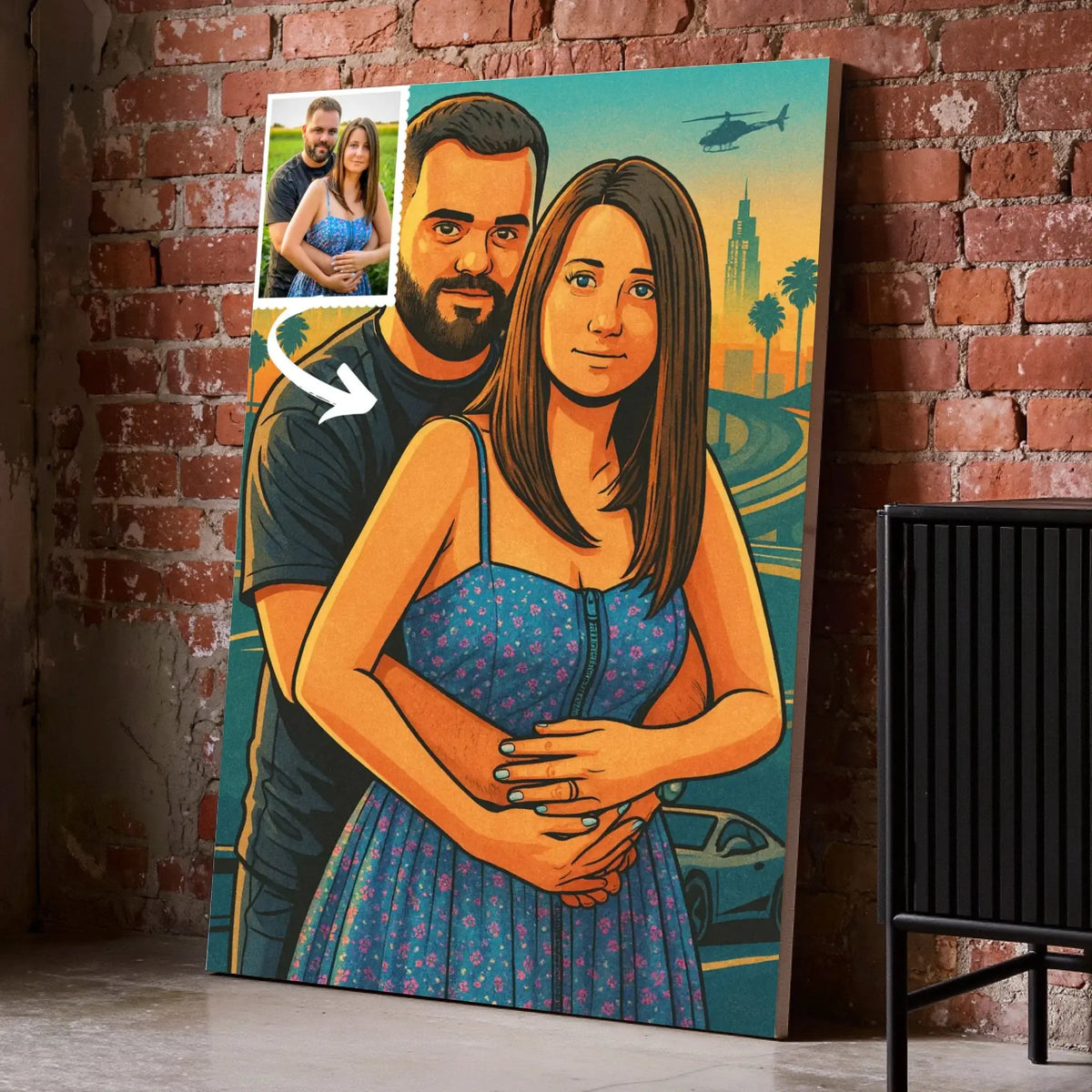 Toile personnalisée effet cartoon type GTA sur mur de briques, portrait de couple, cadeau original