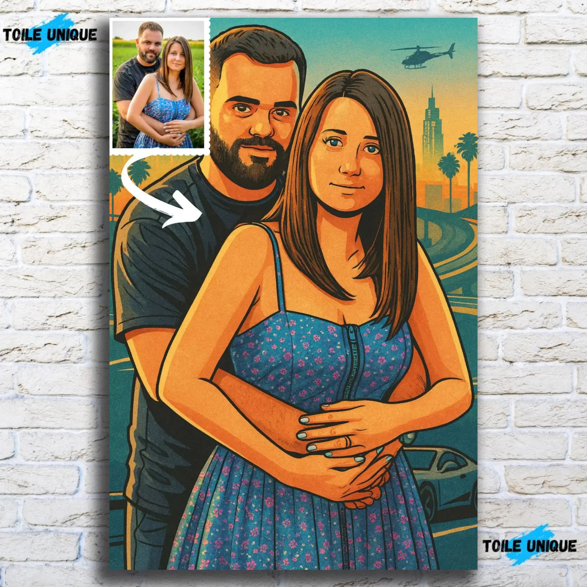 Toile personnalisée effet cartoon type GTA sur mur de pierre grise, portrait de couple