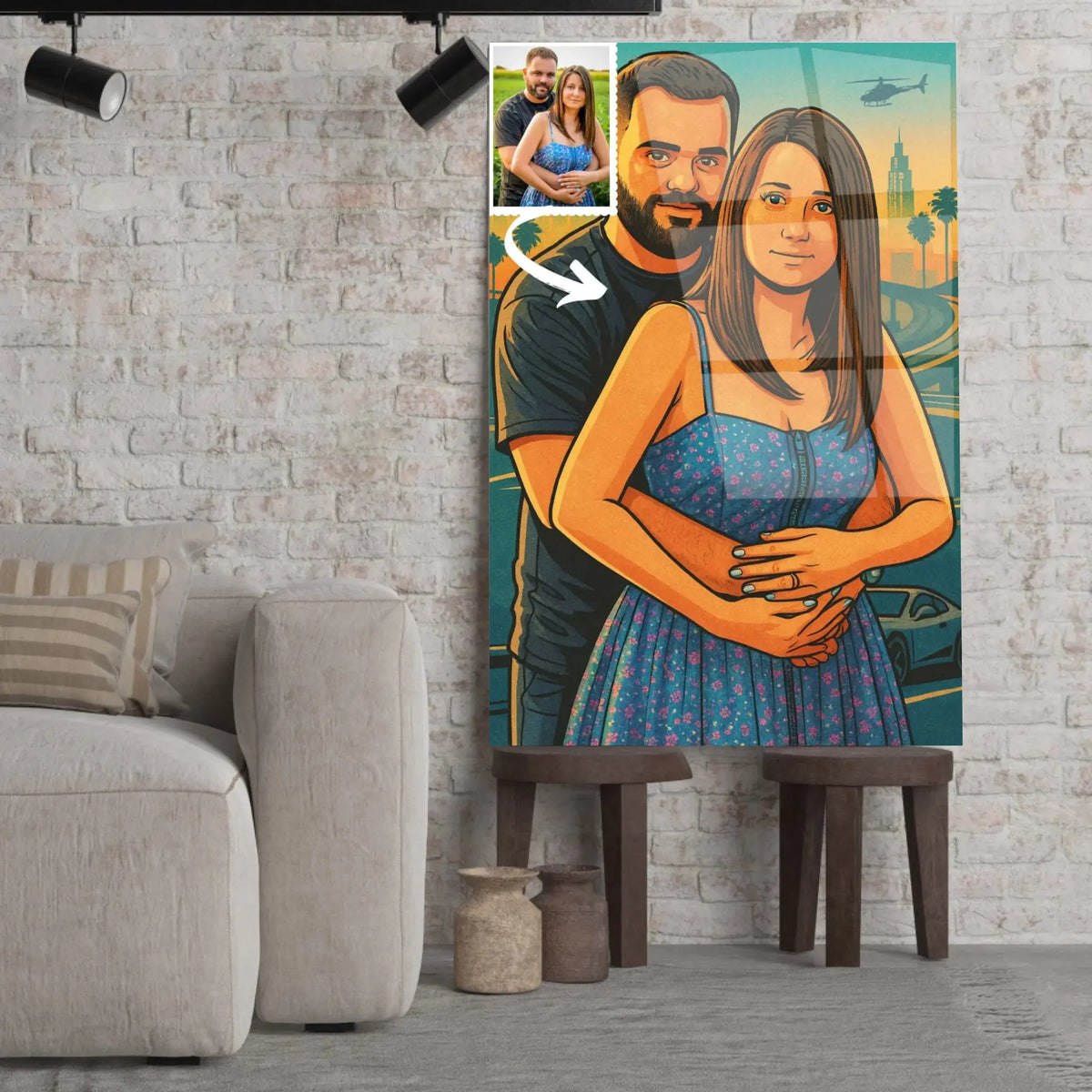 Toile personnalisée effet cartoon type GTA posée sur un tabouret, salon lumineux, portrait de couple