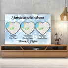 Toile Lieu de Rencontre personnalisée histoire de notre amour posée sur un meuble bas, décoration salon