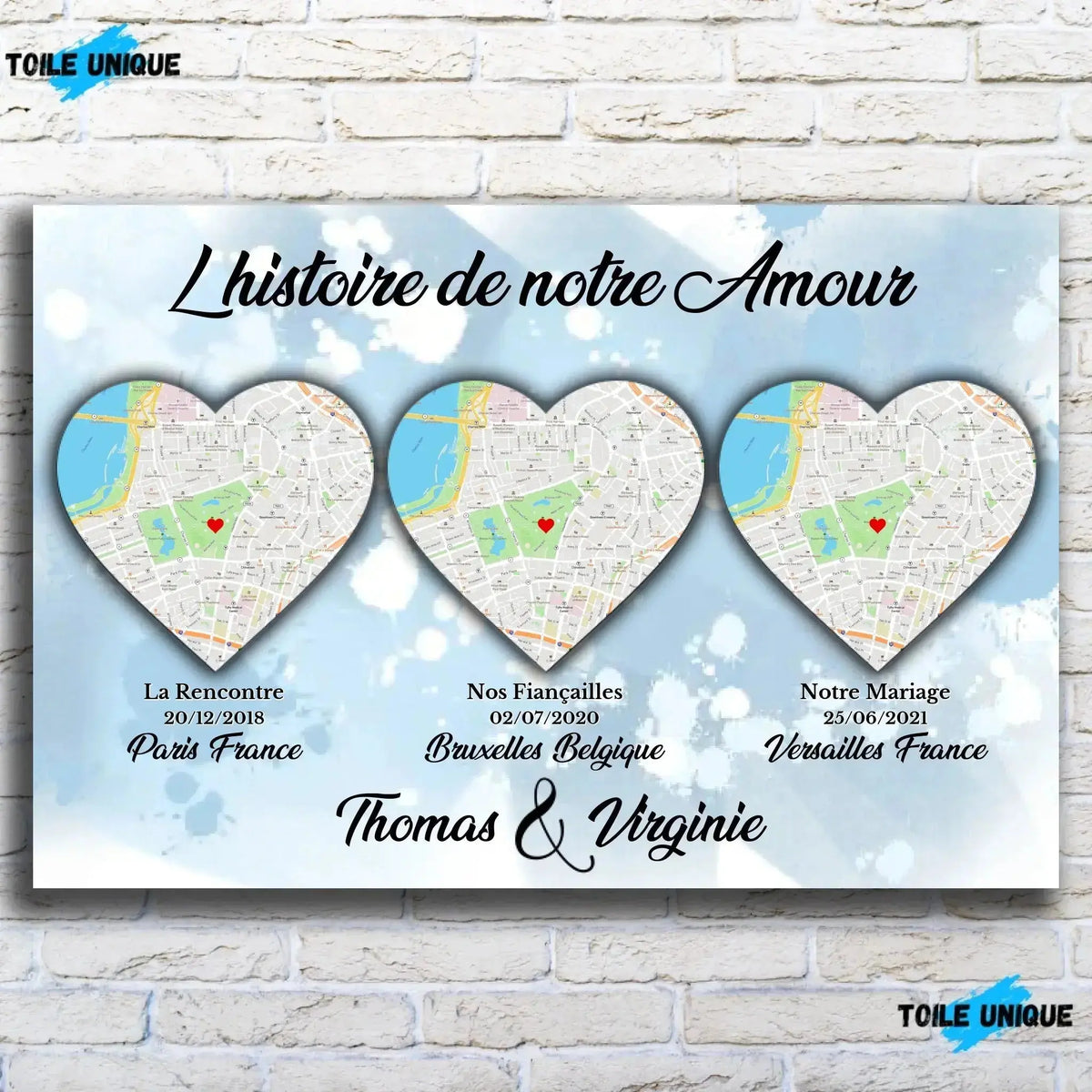 Toile Lieu de Rencontre personnalisée histoire de notre amour sur mur de briques, gros plan