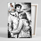 Toile sur châssis bois personnalisée style manga rétro noir et blanc, portrait de couple, tranche visible