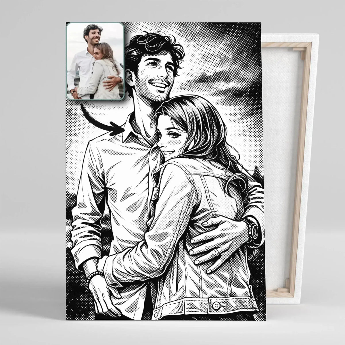 Toile sur châssis bois personnalisée style manga rétro noir et blanc, portrait de couple, tranche visible