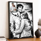 Toile personnalisée style manga rétro noir et blanc, portrait de couple, décoration salon
