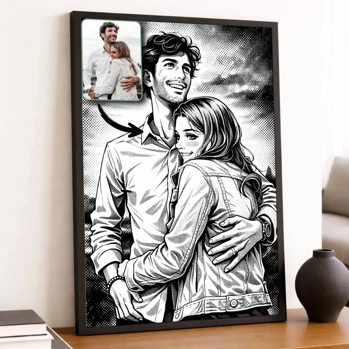 Toile personnalisée style manga rétro noir et blanc, portrait de couple, décoration salon