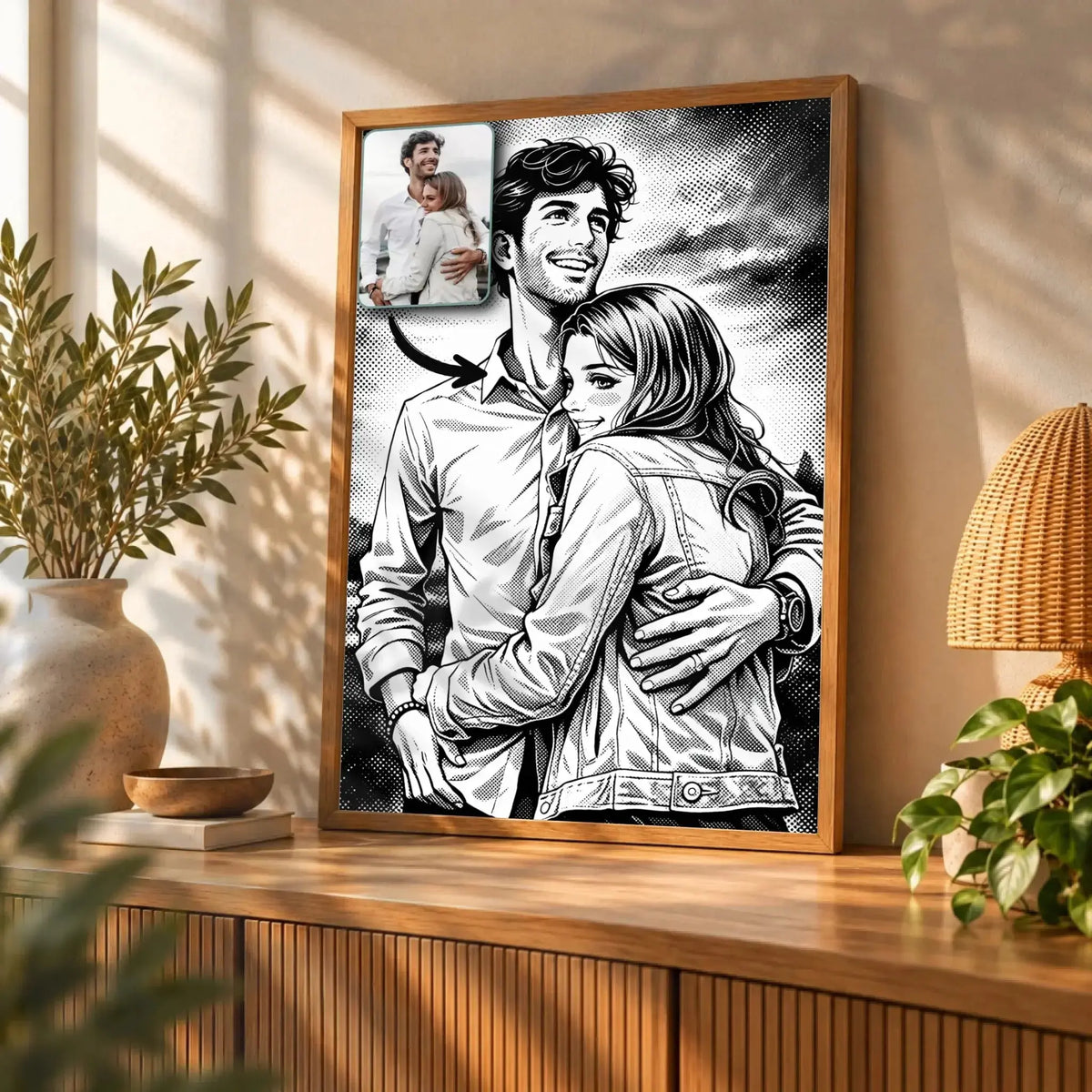 Toile personnalisée style manga rétro noir et blanc posée sur un meuble bas, décoration salon