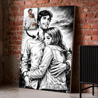 Toile personnalisée style manga rétro noir et blanc sur mur de briques, portrait de couple, cadeau original