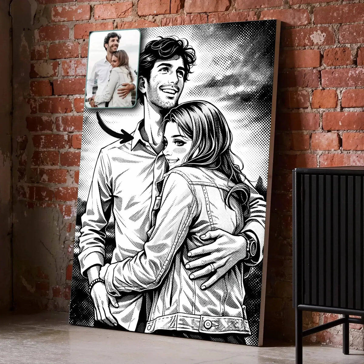 Toile personnalisée style manga rétro noir et blanc sur mur de briques, portrait de couple, cadeau original