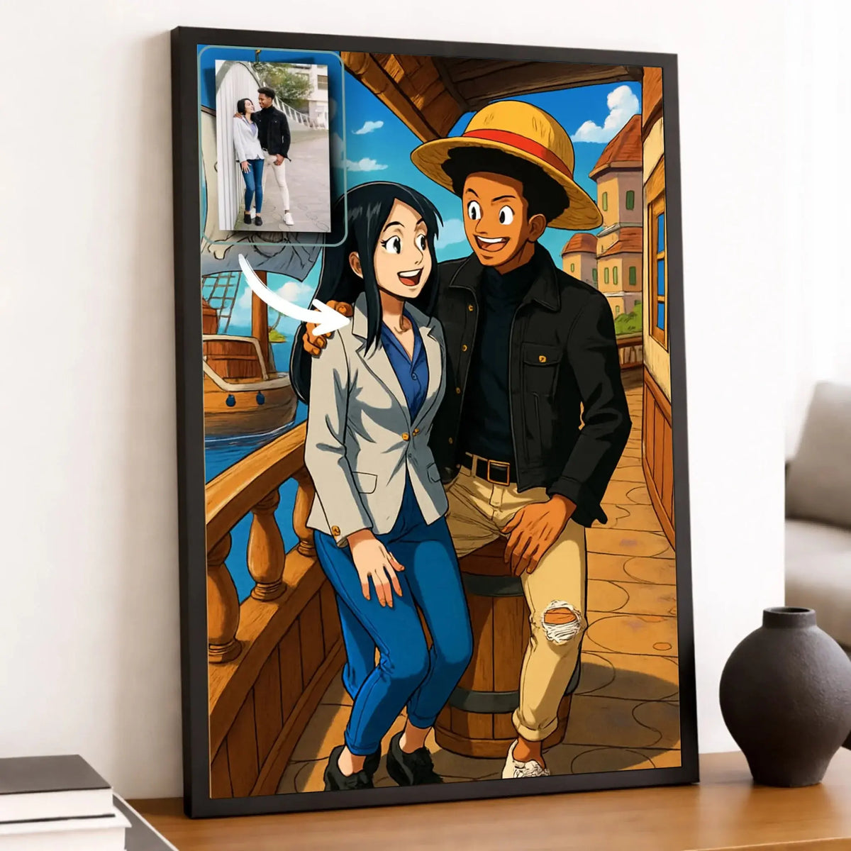 Toile personnalisée style One Piece, portrait de couple, décoration salon