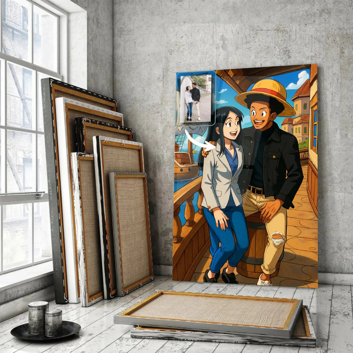 Toile style One Piece dans un loft, entourée de cadres en bois, portrait de couple