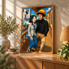 Toile personnalisée style One Piece posée sur un meuble bas, décoration salon