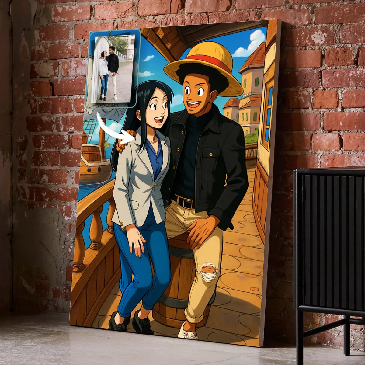 Toile personnalisée style One Piece sur mur de briques, portrait de couple, cadeau original