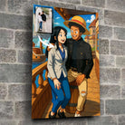 Toile personnalisée style One Piece sur mur de pierre grise, portrait de couple