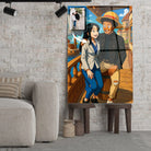 Toile personnalisée style One Piece posée sur un tabouret, salon lumineux, portrait de couple