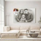 Toile ou verre acrylique effet dessin au crayon graphite au-dessus d'un canapé beige, portrait de famille
