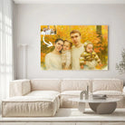 Toile ou verre acrylique effet peinture aquarelle au-dessus d'un canapé beige, portrait de famille