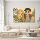 Toile ou verre acrylique style anime japonais Ghibli au-dessus d'un canapé beige, portrait de famille