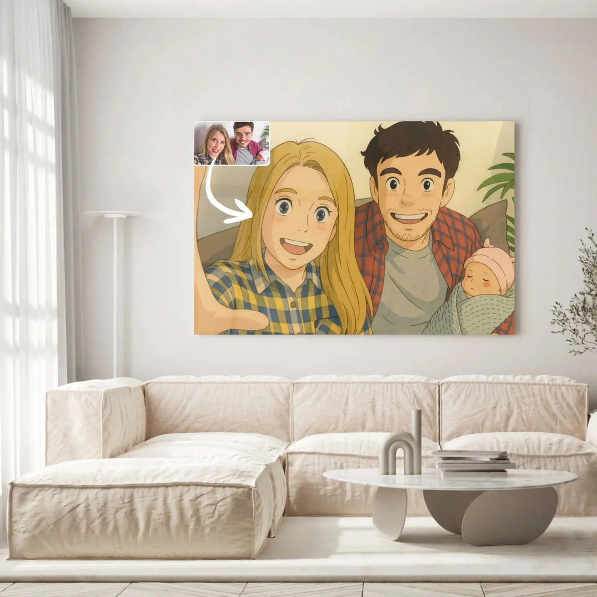 Toile ou verre acrylique style anime japonais Ghibli au-dessus d'un canapé beige, portrait de famille