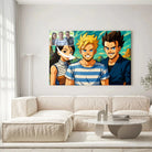Toile ou verre acrylique style Dragon Ball au-dessus d'un canapé beige, portrait de groupe d'amis