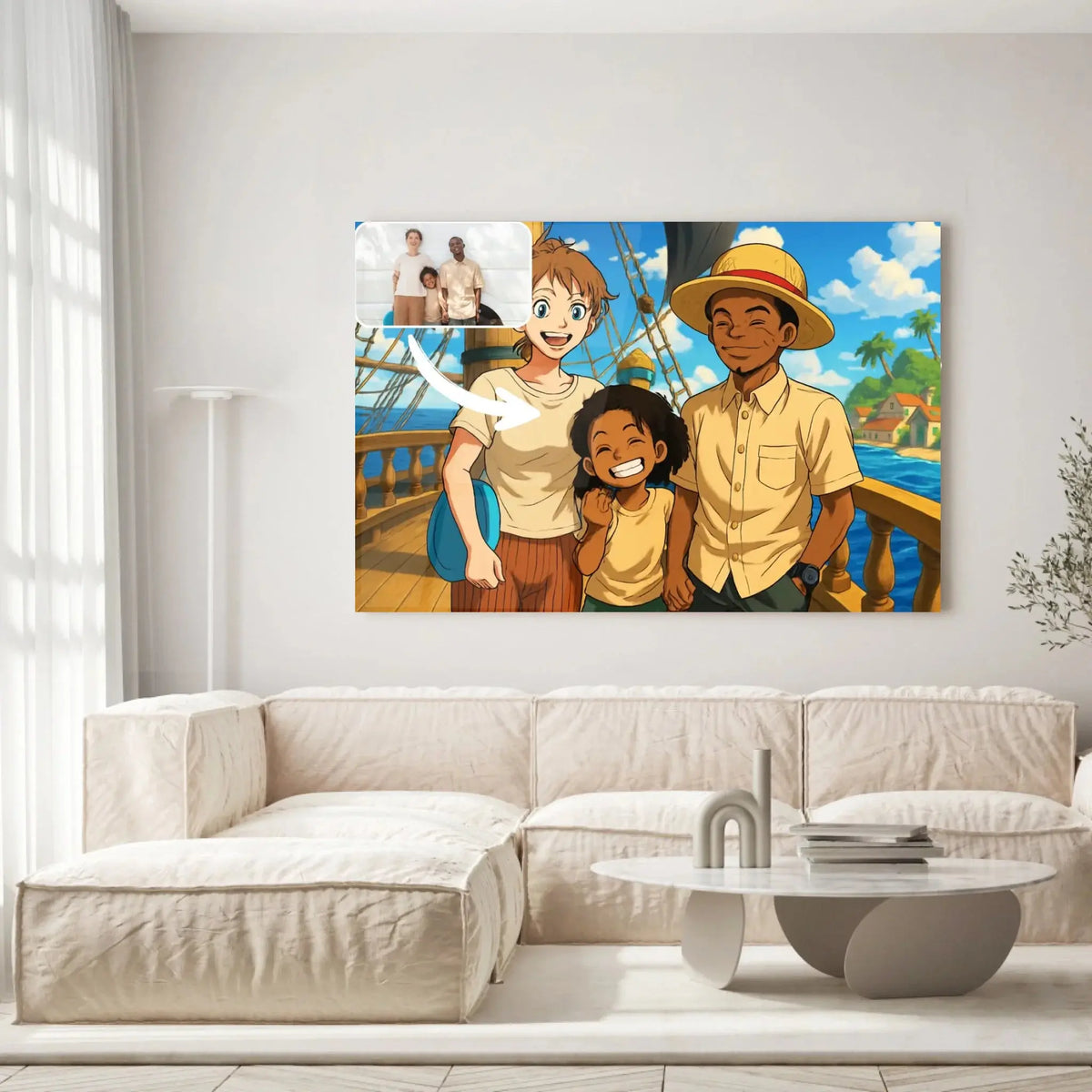 Toile ou verre acrylique style One Piece au-dessus d'un canapé beige, portrait de famille
