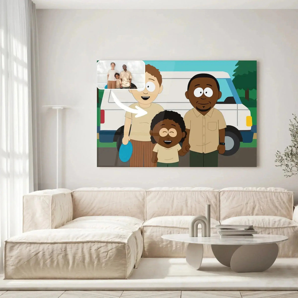 Toile ou verre acrylique style South Park au-dessus d'un canapé beige, portrait de famille