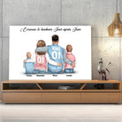 Toile personnages famille personnalisée (2 enfants) posée sur un meuble bas, gros plan
