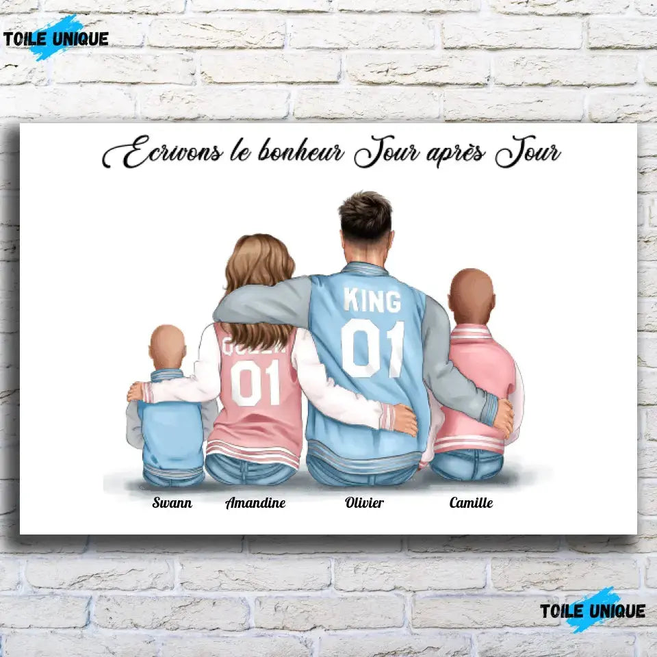 Toile personnages famille personnalisée (2 enfants) sur mur de briques, gros plan