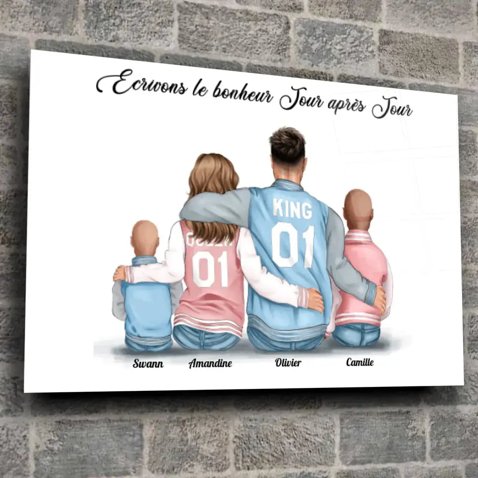 Toile personnages famille personnalisée (2 enfants) sur mur de briques, décoration industrielle