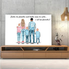 Toile personnages famille personnalisée (3 enfants) posée sur un meuble bas, décoration salon