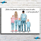 Toile personnages famille personnalisée (3 enfants) sur mur de briques, gros plan