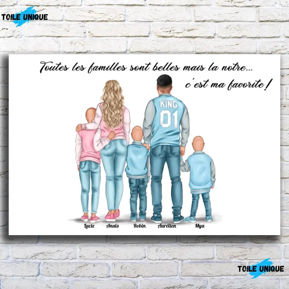 Toile personnages famille personnalisée (3 enfants) sur mur de briques, gros plan