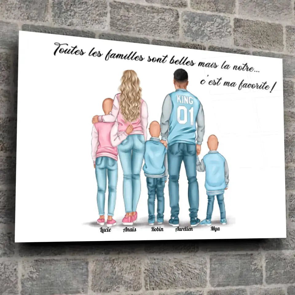 Toile personnages famille personnalisée (3 enfants) sur mur de briques, décoration industrielle