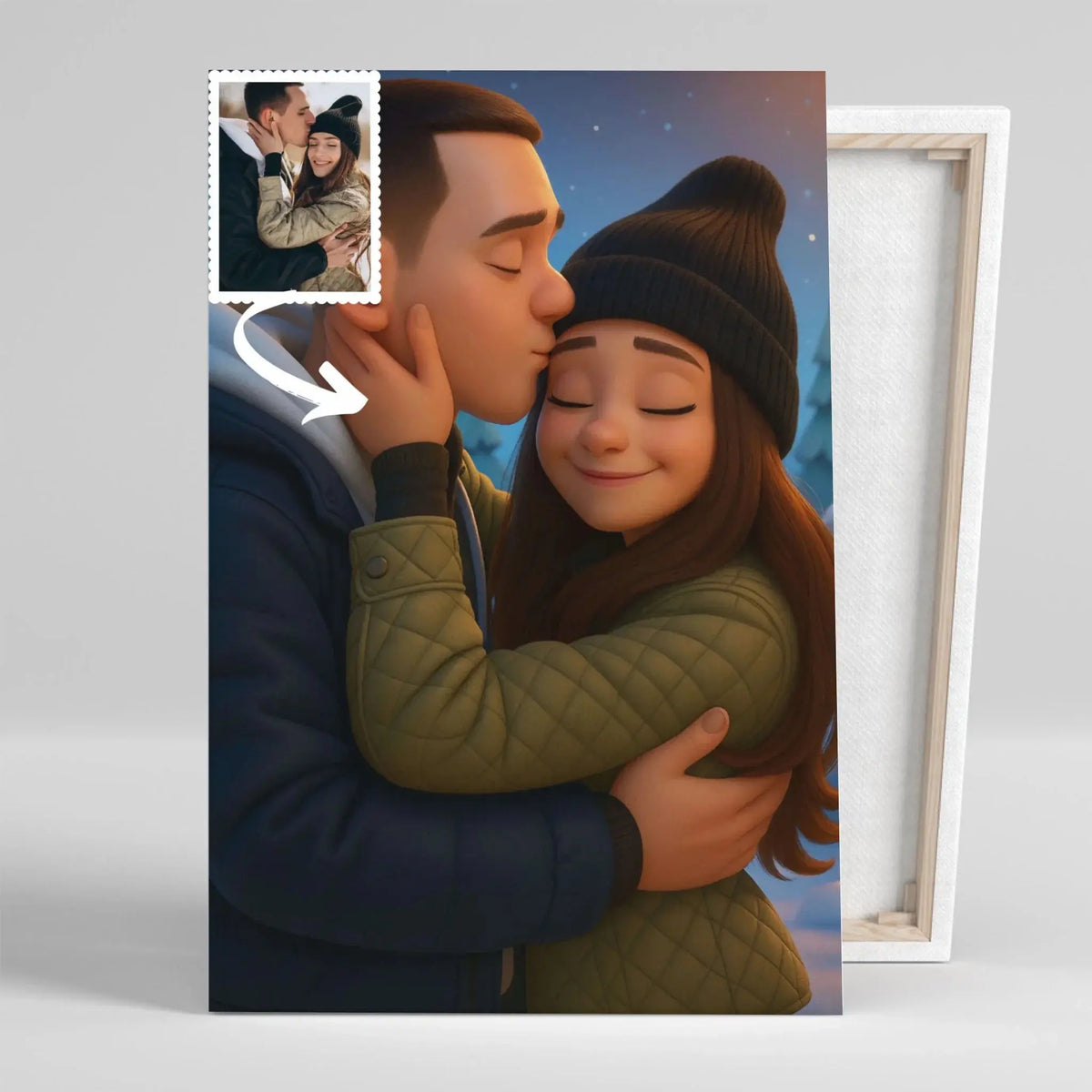 Toile sur châssis bois personnalisée style anime Pixar 3D, portrait de couple, tranche visible