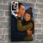 Toile style anime Pixar 3D dans un loft, entourée de cadres en bois, portrait de couple