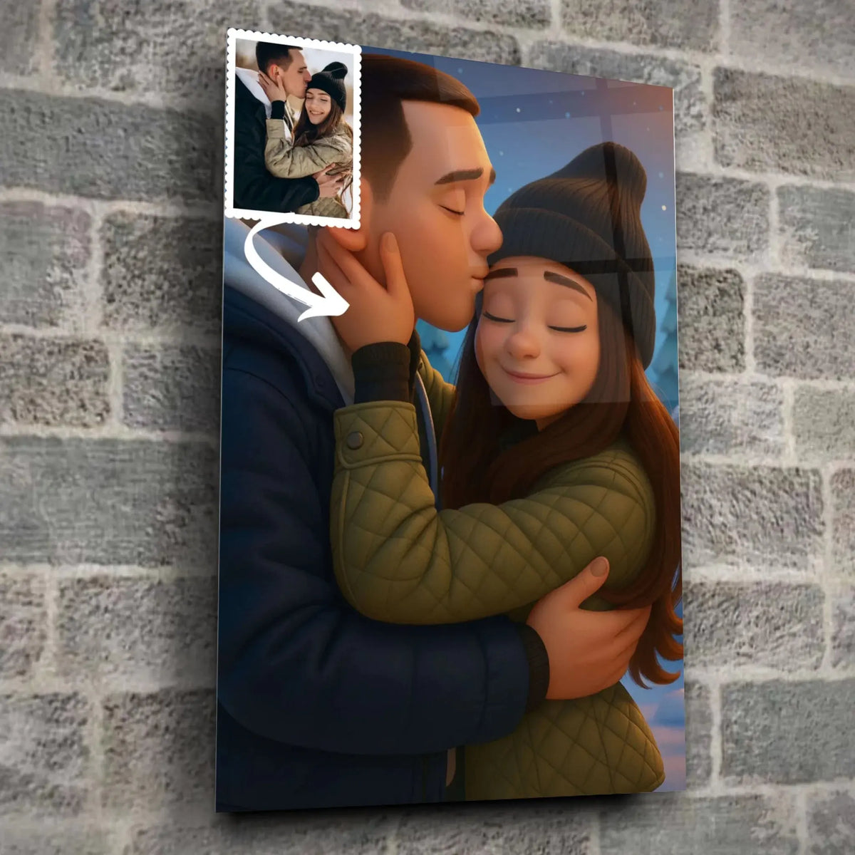 Toile style anime Pixar 3D dans un loft, entourée de cadres en bois, portrait de couple
