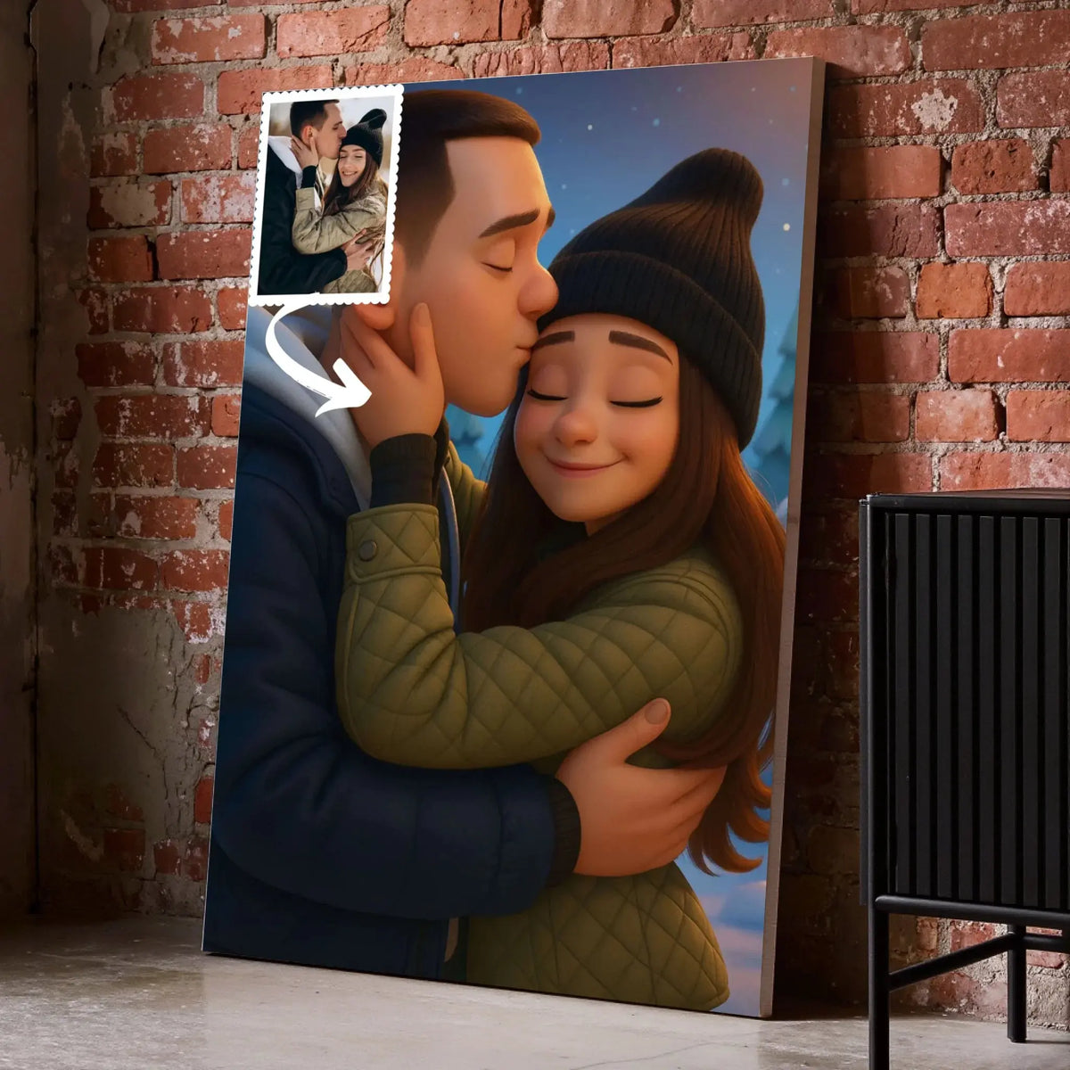 Toile personnalisée style anime Pixar 3D sur mur de briques, portrait de couple, cadeau original