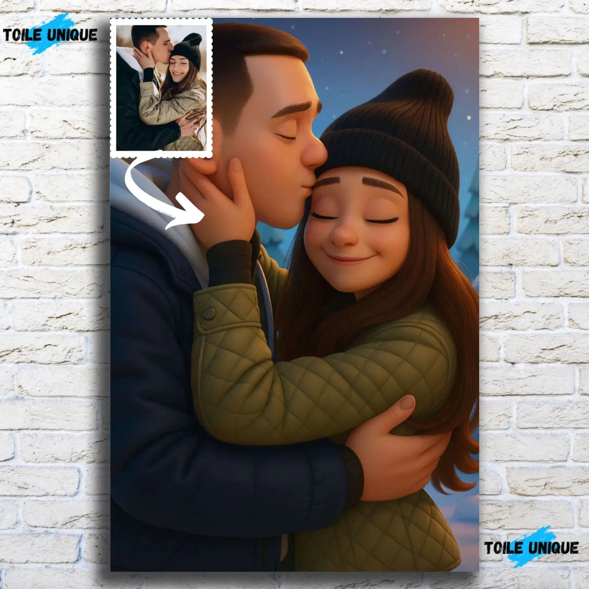 Toile personnalisée style anime Pixar 3D sur mur de pierre grise, portrait de couple
