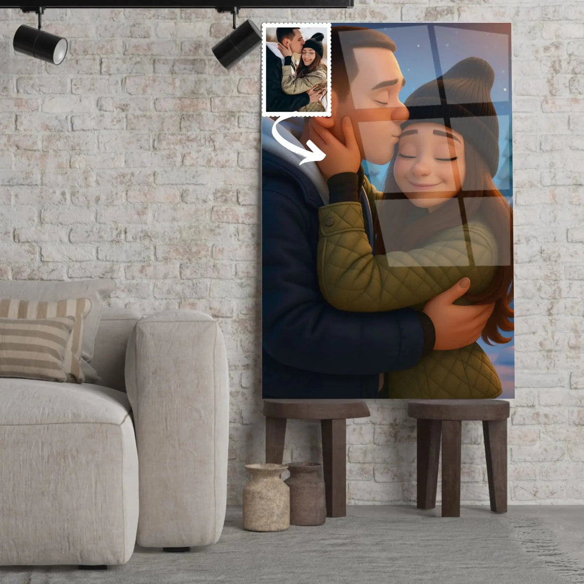 Toile personnalisée style anime Pixar 3D posée sur un tabouret, salon lumineux, portrait de couple