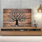 Toile prénoms personnalisée Arbre de Vie posée sur un meuble bas, décoration salon