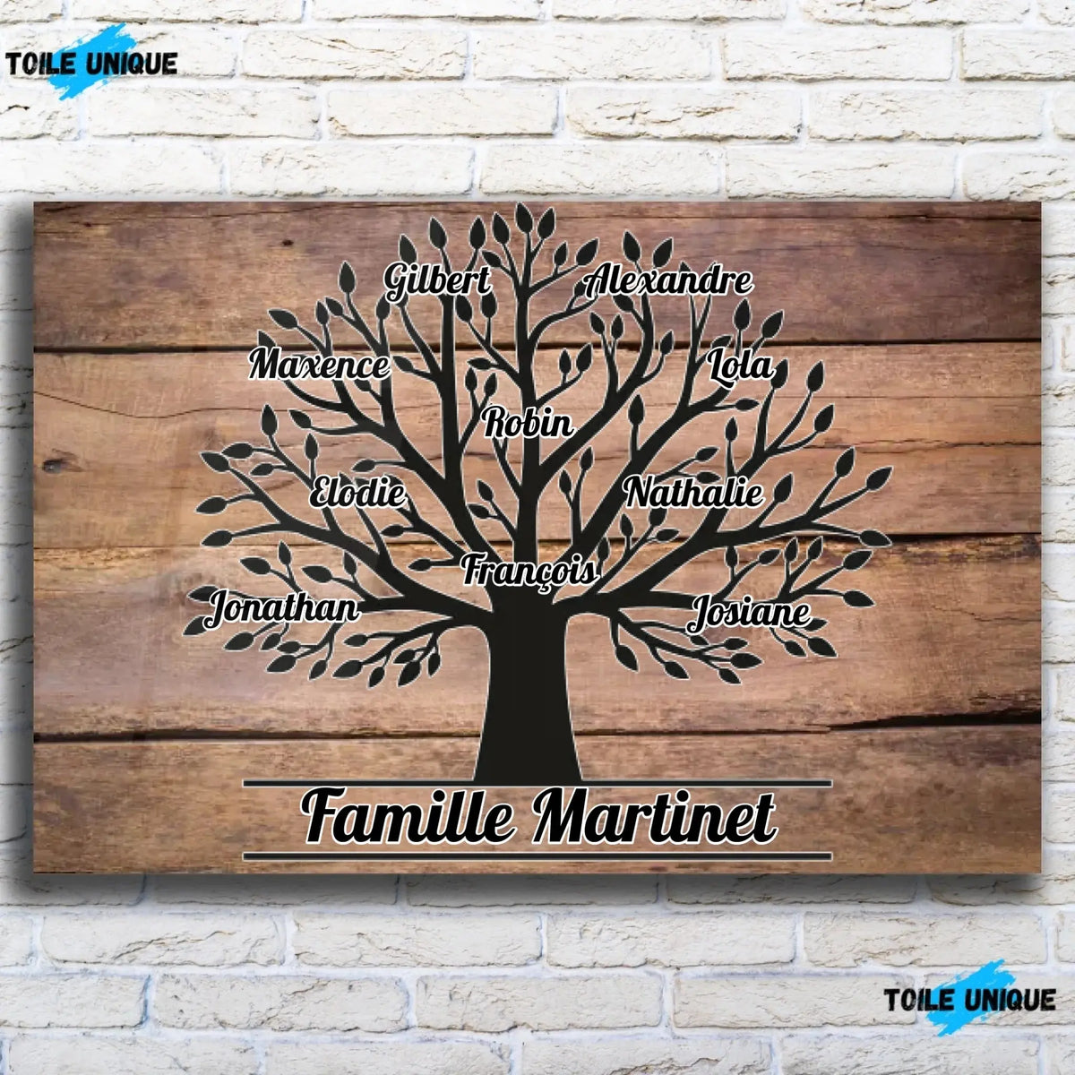 Toile prénoms personnalisée Arbre de Vie sur mur de briques, décoration industrielle